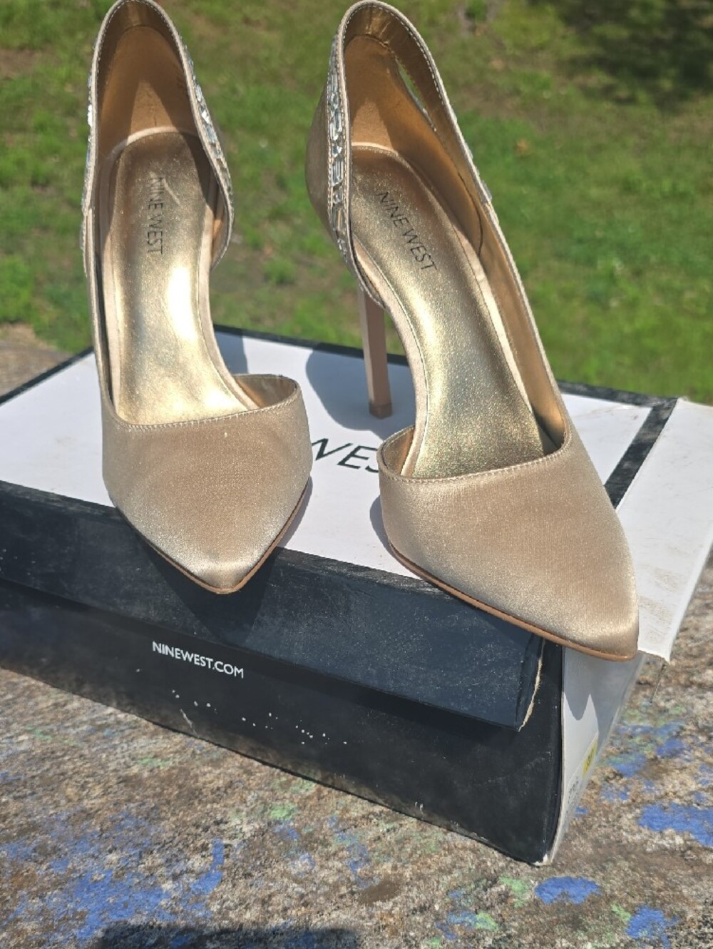 Nine West Satin Champagne D'Orsay Pointed-Toe Heels with Crystal Trim - Picture 9 of 9